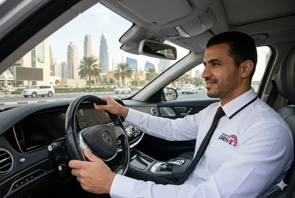 RTA licensed professional safe driver Dubai driving client in their own car — Perfect Drive safe driver service available 24/7 across Dubai