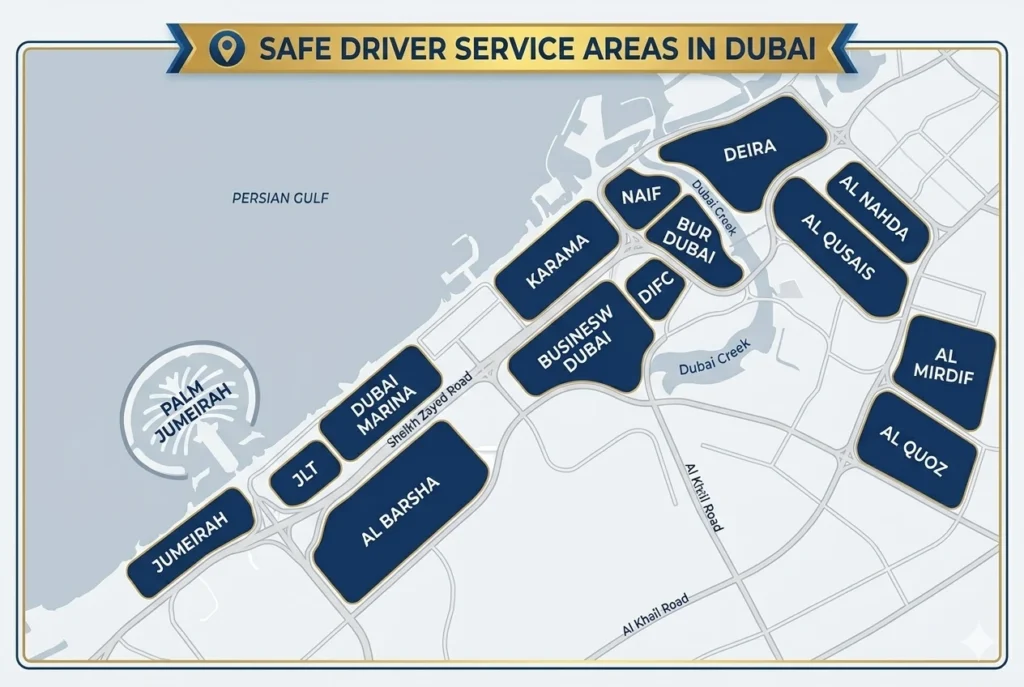 Safe driver service coverage areas in Dubai — Perfect Drive serves Deira Naif Bur Dubai Business Bay Downtown Dubai Marina JLT Palm Jumeirah Al Barsha and all Dubai areas 24/7